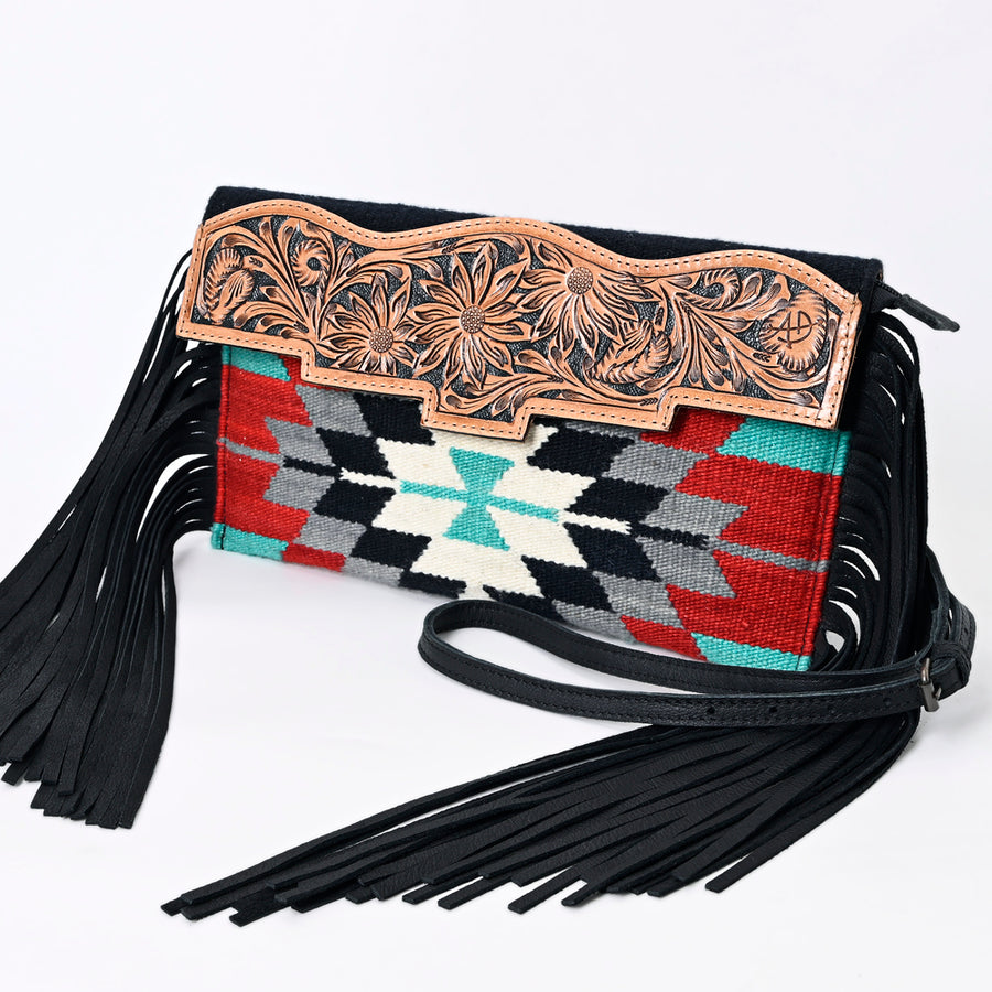 American Darling Tooled Leather and Saddle Blanket Crossbody | Western Fringe Purse - Uhorse