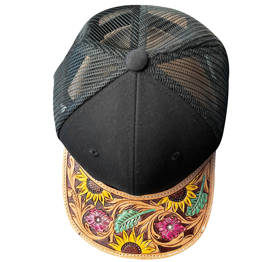 Black and tan leather trucker hat with tooled floral design - Uhorse