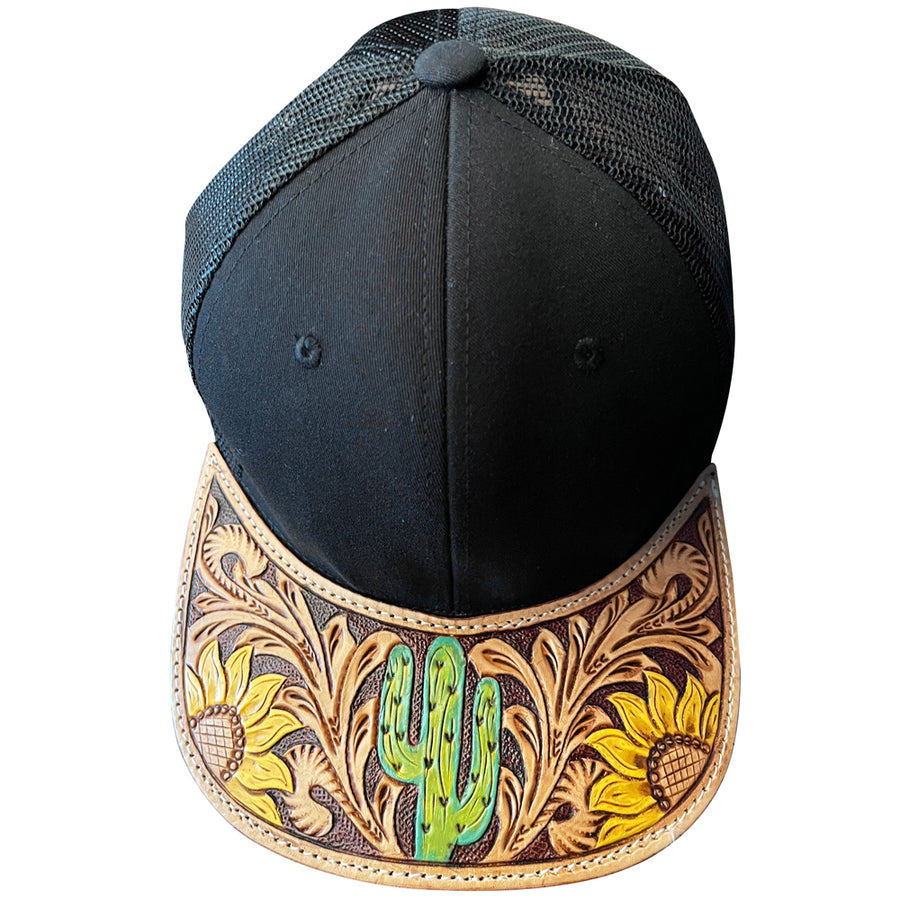Black and tan leather tooled baseball cap with cactus design - Uhorse