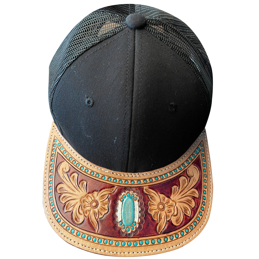 Black and tan leather trucker cap with tooled floral design - Uhorse