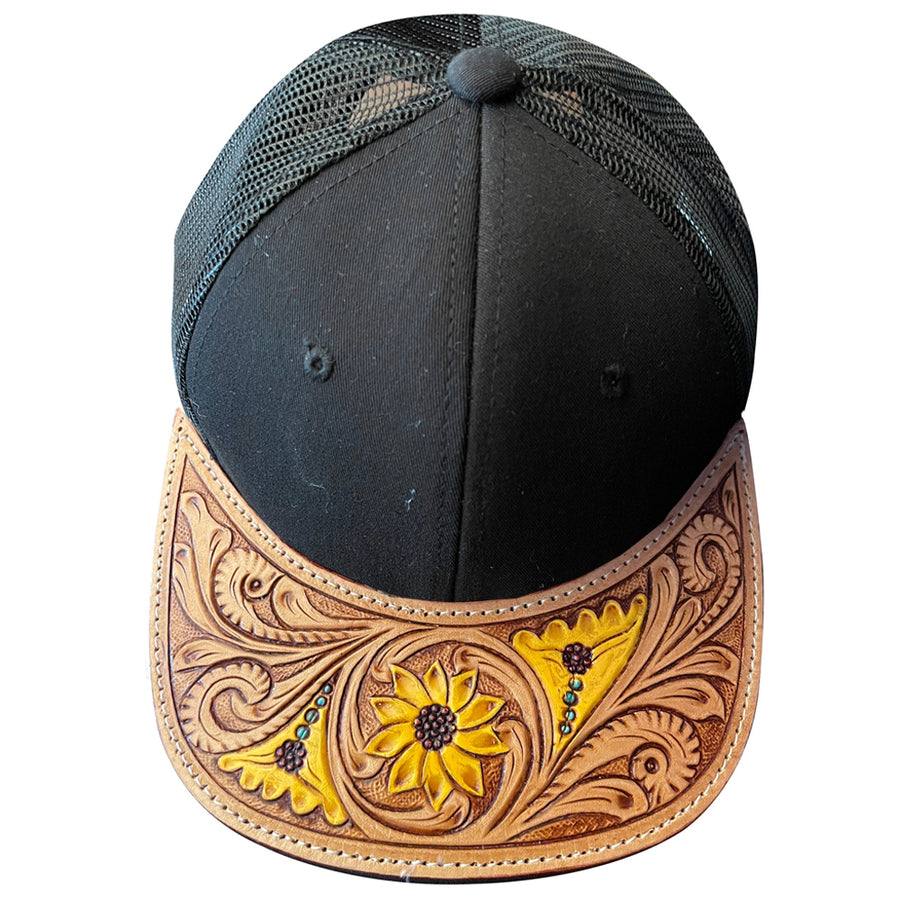 Black and tan leather tooled baseball cap with floral design - Uhorse