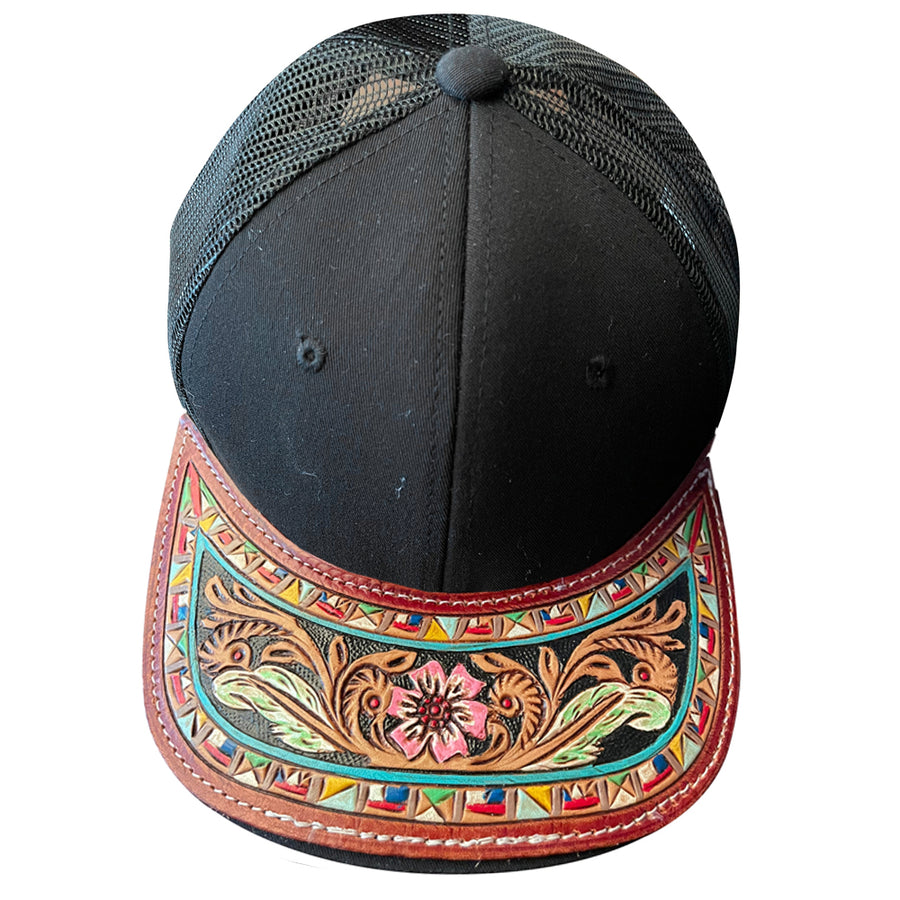 Black and red leather trucker cap with tooled floral design - Uhorse