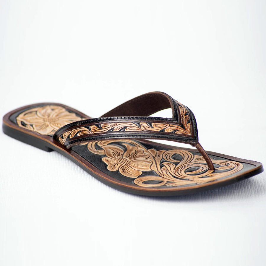 American Darling Hand Tooled Carved Genuine Leather Sandal Footwear Flip Flop Brown - Uhorse