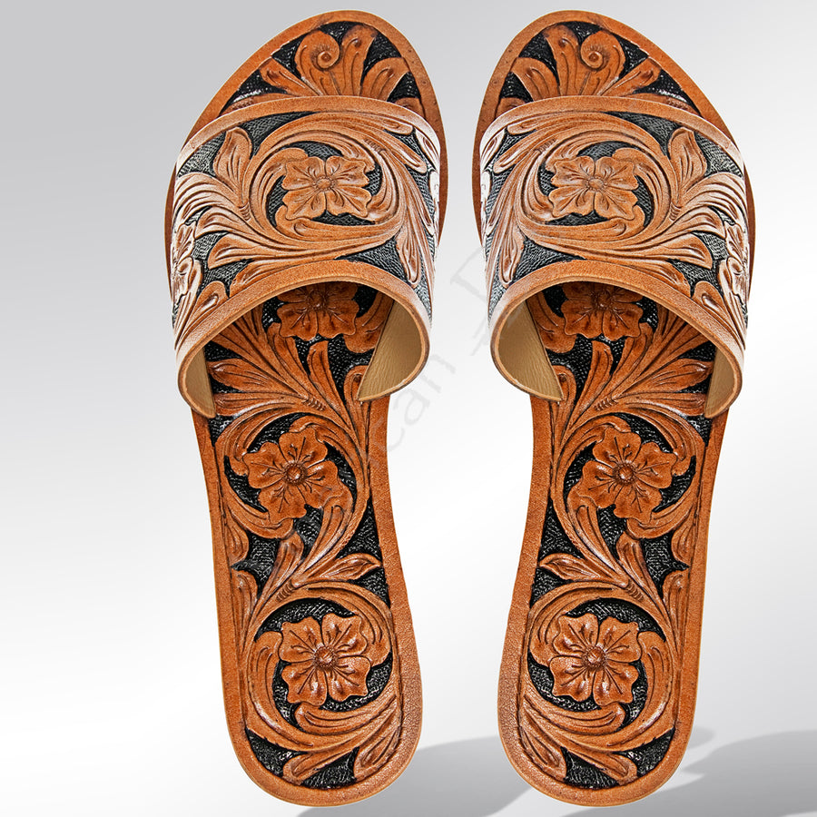 American Darling ADFT104 Hand tooled carved genuine leather sandal by Hilason – Cowboy and equestrian accessories