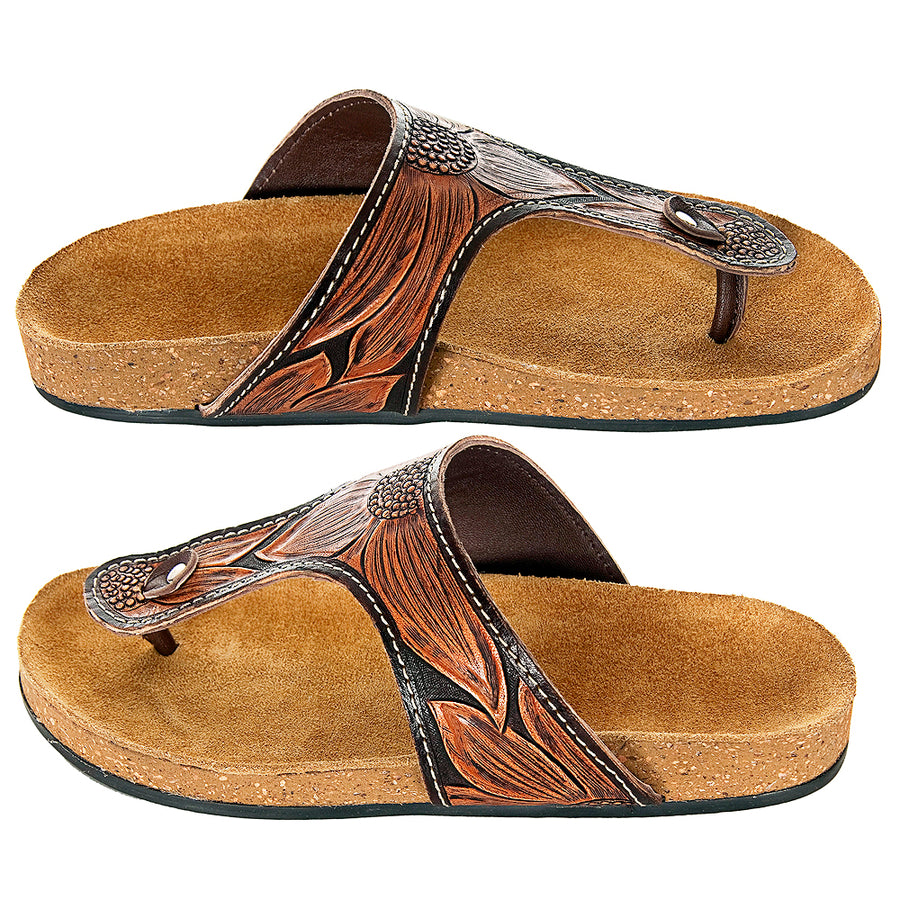 American Darling Adft101 Hand Tooled, Carved Genuine Leather Sandal Footwear Flip Flop | Tooled