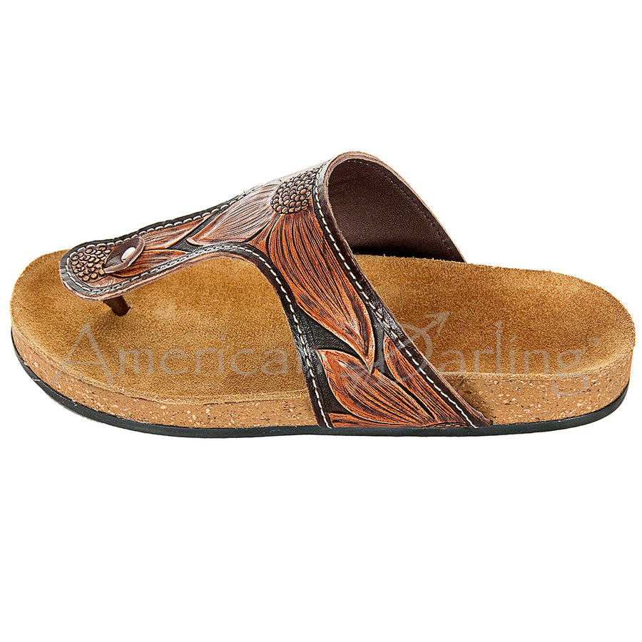 American Darling Adft101 Hand Tooled, Carved Genuine Leather Sandal Footwear Flip Flop | Tooled