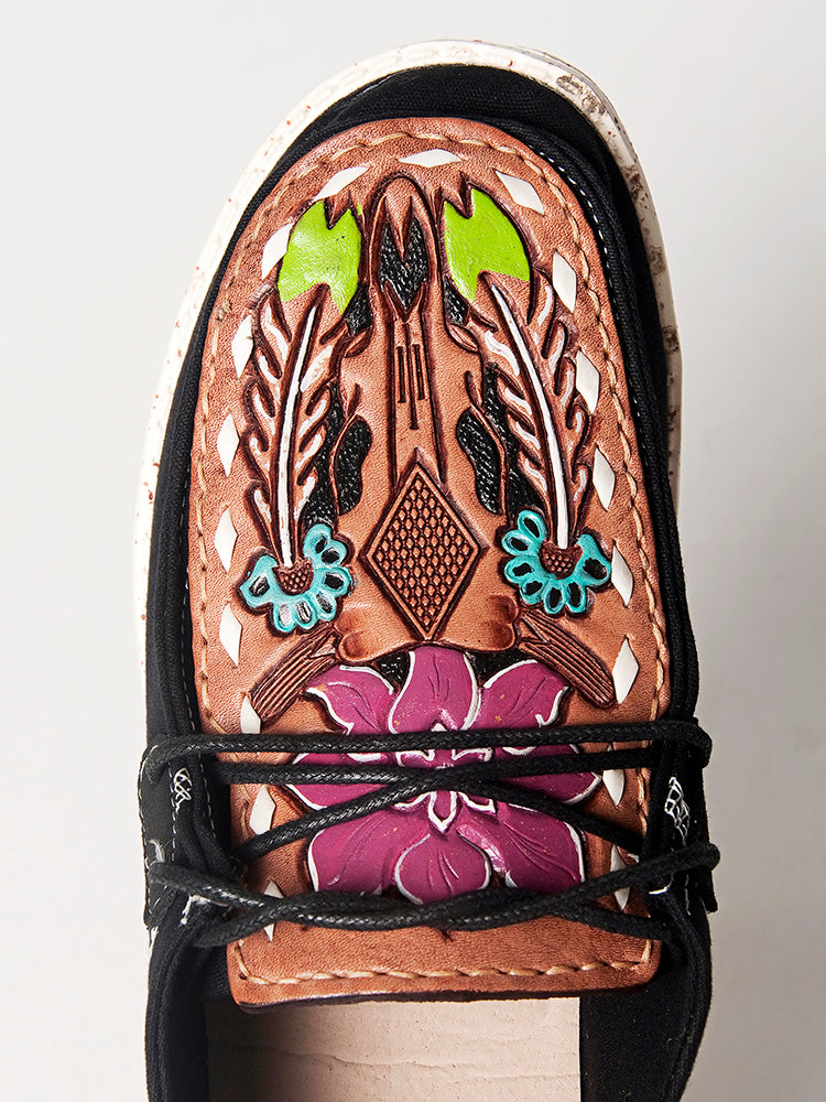 American Darling Hand tooled, carved genuine leather trim lightweight shoe footwear, slip on| Tooled Footwear