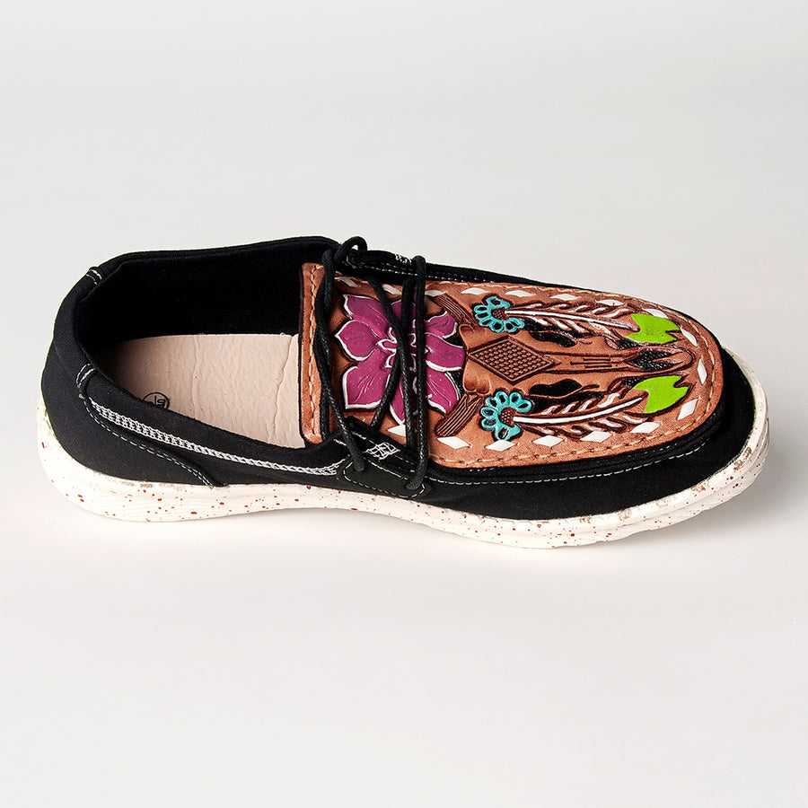 American Darling Hand tooled, carved genuine leather trim lightweight shoe footwear, slip on| Tooled Footwear