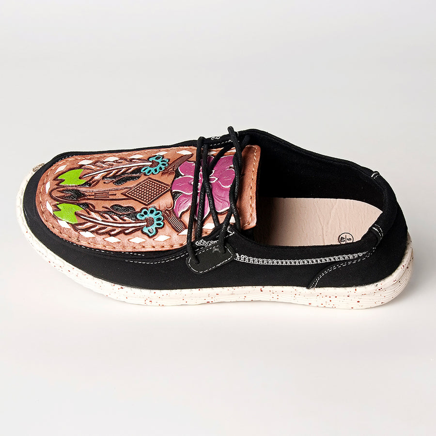 American Darling Hand tooled, carved genuine leather trim lightweight shoe footwear, slip on| Tooled Footwear