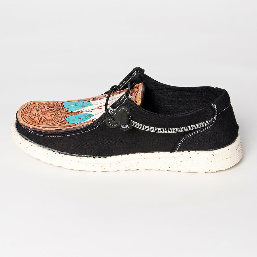 American Darling Hand tooled, carved genuine leather trim lightweight shoe footwear, slip on| Tooled Footwear