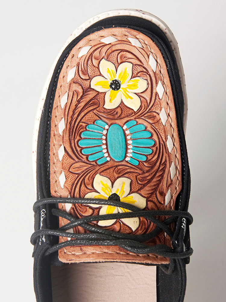 American Darling Hand tooled, carved genuine leather trim lightweight shoe footwear, slip on| Tooled Footwear
