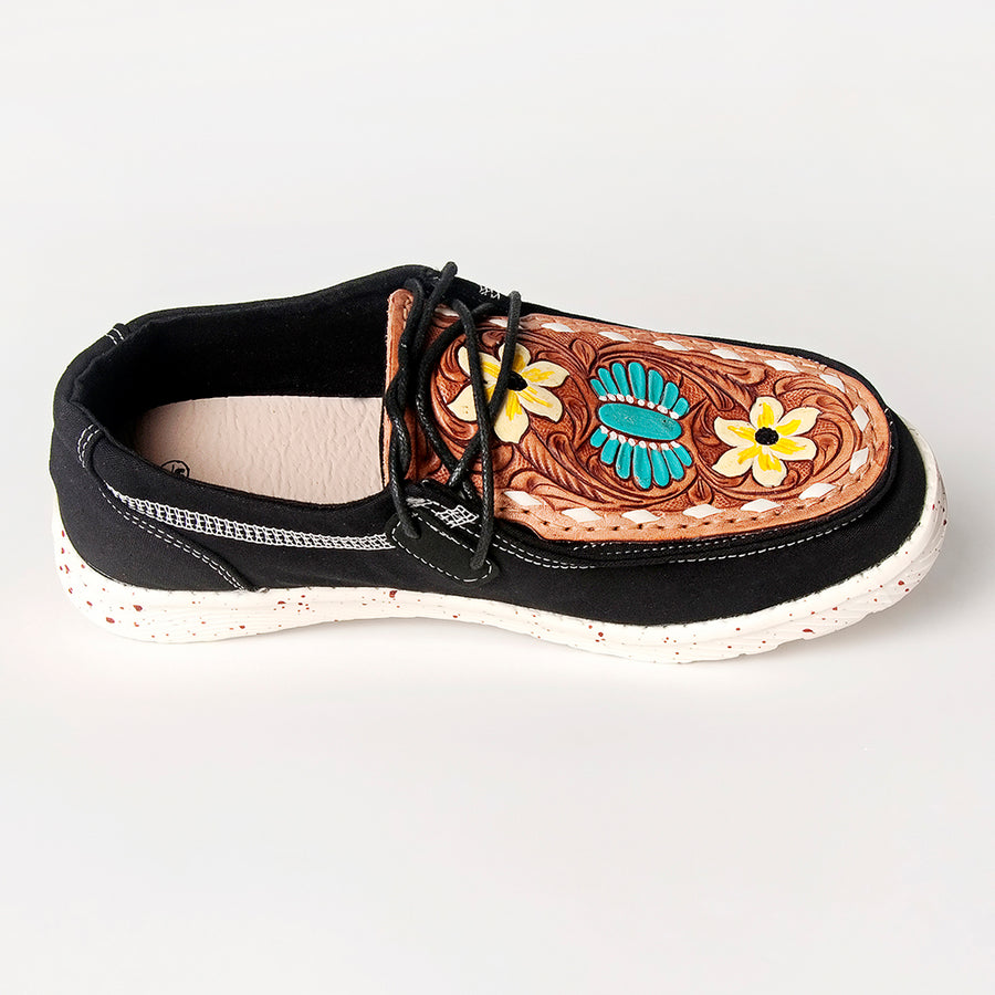 American Darling Hand tooled, carved genuine leather trim lightweight shoe footwear, slip on| Tooled Footwear