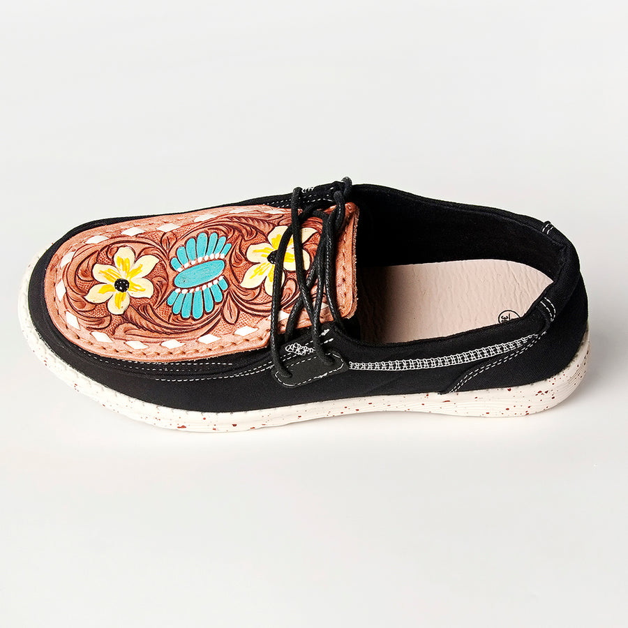 American Darling Hand tooled, carved genuine leather trim lightweight shoe footwear, slip on| Tooled Footwear