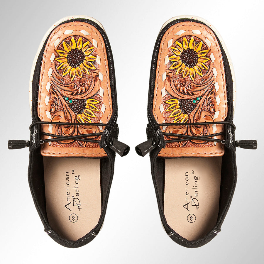 American Darling Hand Tooled, Carved Genuine Leather Trim Lightweight Shoe Footwear, Slip On| Tooled Footwear