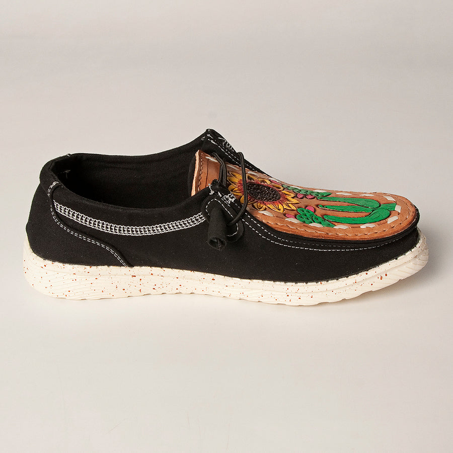 American Darling Hand tooled, carved genuine leather trim lightweight shoe footwear, slip on| Tooled Footwear