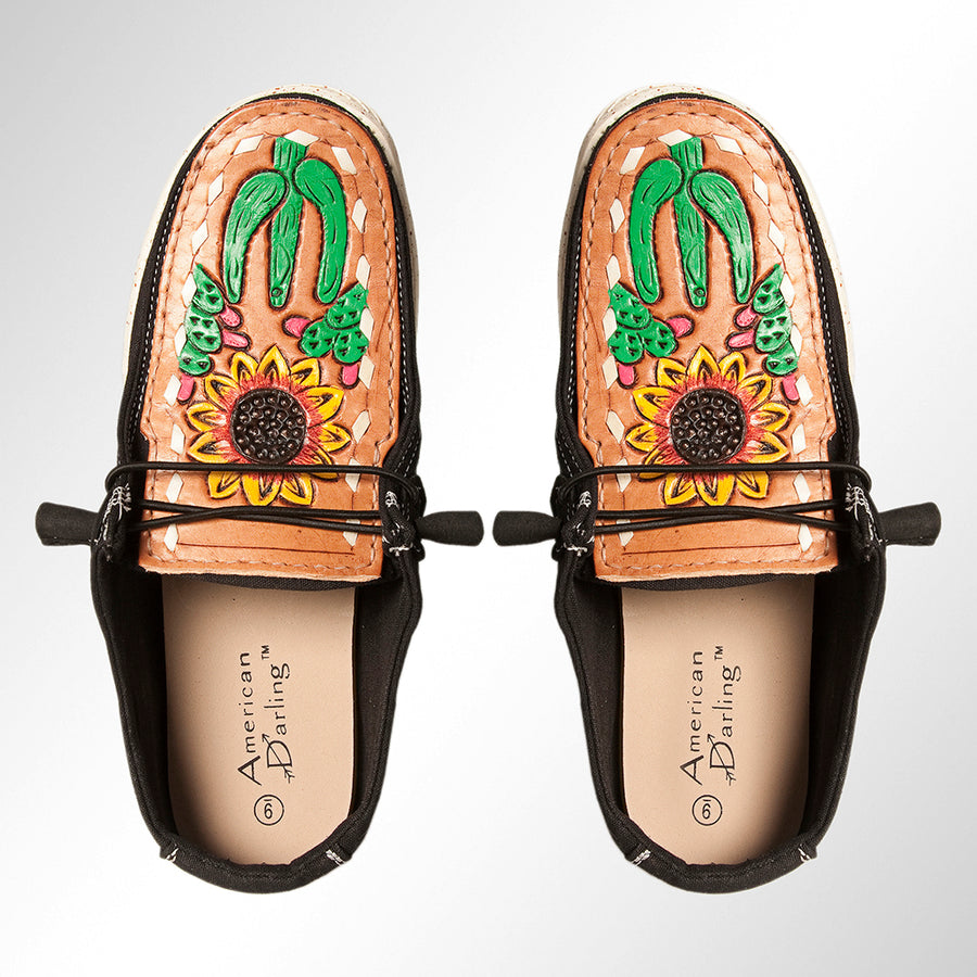 American Darling ADFT133BK7 Hand tooled carved genuine leather trim lightweight shoe footwear slip on - Uhorse