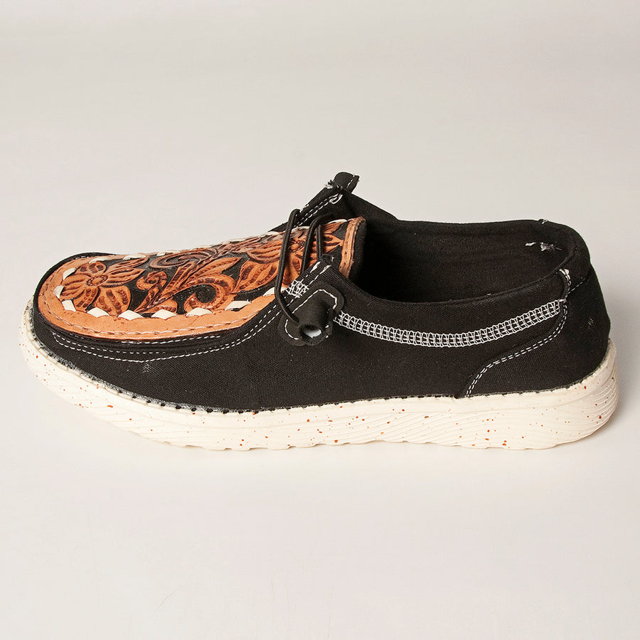 American Darling Hand tooled, carved genuine leather trim lightweight shoe footwear, slip on| Tooled Footwear