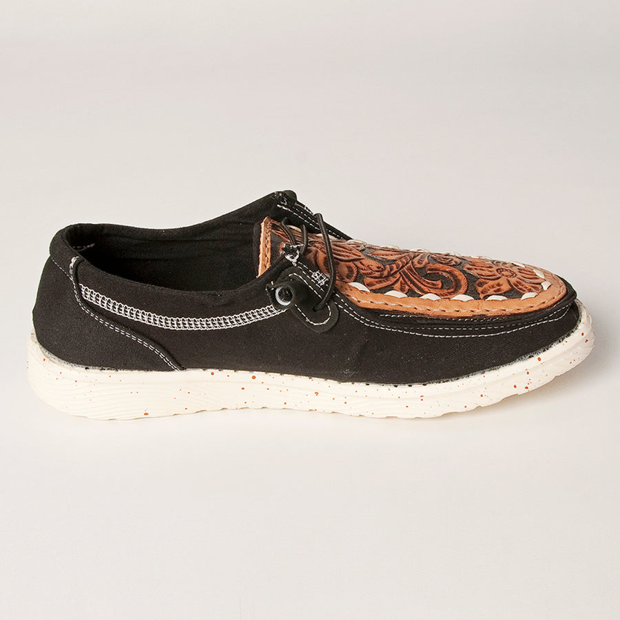 American Darling Hand tooled, carved genuine leather trim lightweight shoe footwear, slip on| Tooled Footwear