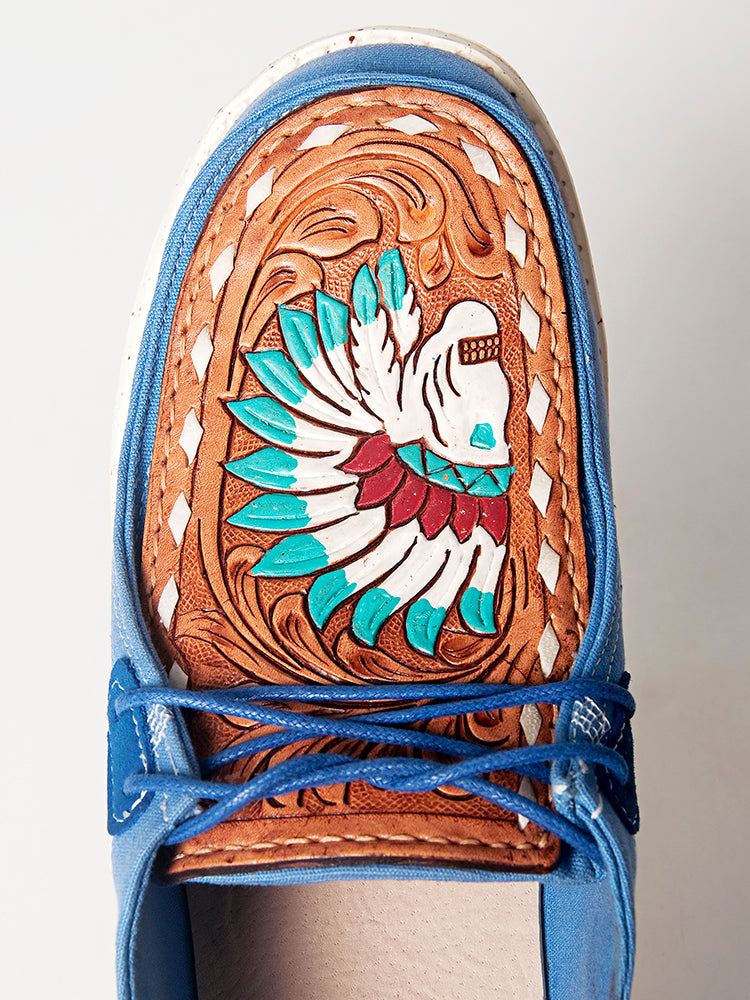 American Darling Hand tooled, carved genuine leather trim lightweight shoe footwear, slip on| Tooled Footwear