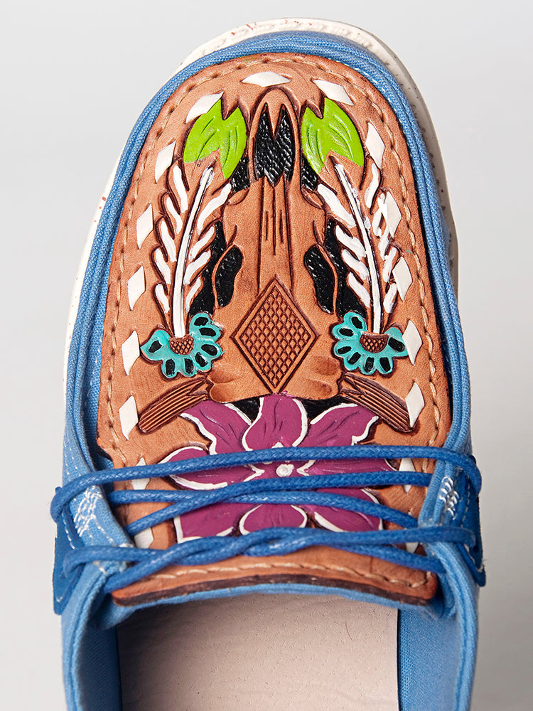 American Darling Hand tooled, carved genuine leather trim lightweight shoe footwear, slip on| Tooled Footwear