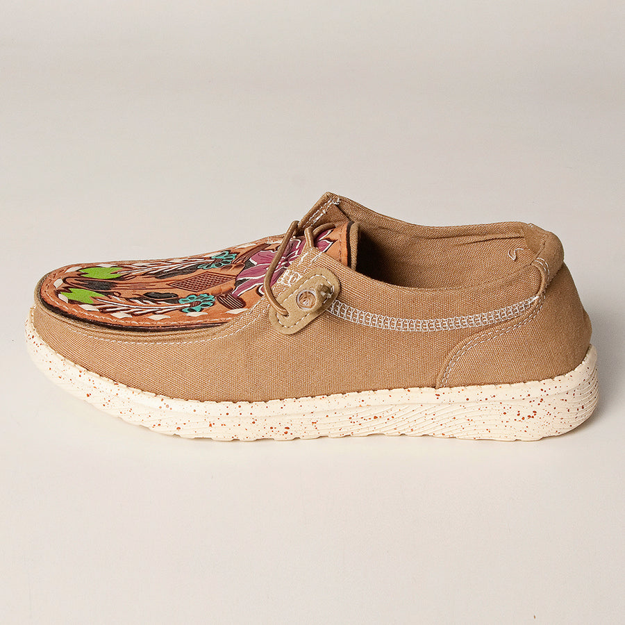 American Darling Hand tooled, carved genuine leather trim lightweight shoe footwear| Tooled Footwear |Leather