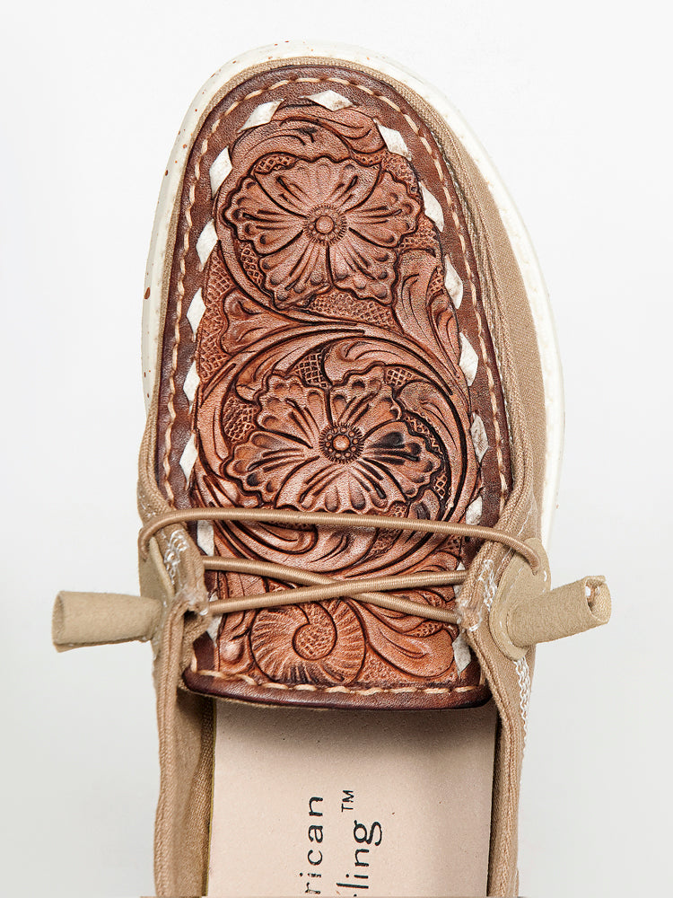 American Darling ADFT133BR4 Hand tooled, carved genuine leather trim lightweight shoe footwear| Tooled Footwear
