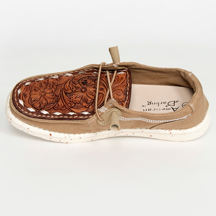 American Darling ADFT133BR4 Hand tooled, carved genuine leather trim lightweight shoe footwear| Tooled Footwear