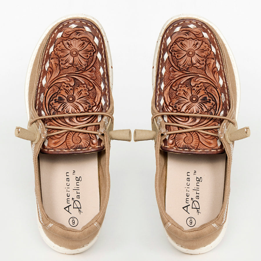 American Darling ADFT133BR4 Hand tooled carved genuine leather trim lightweight shoe footwear slip on - Uhorse