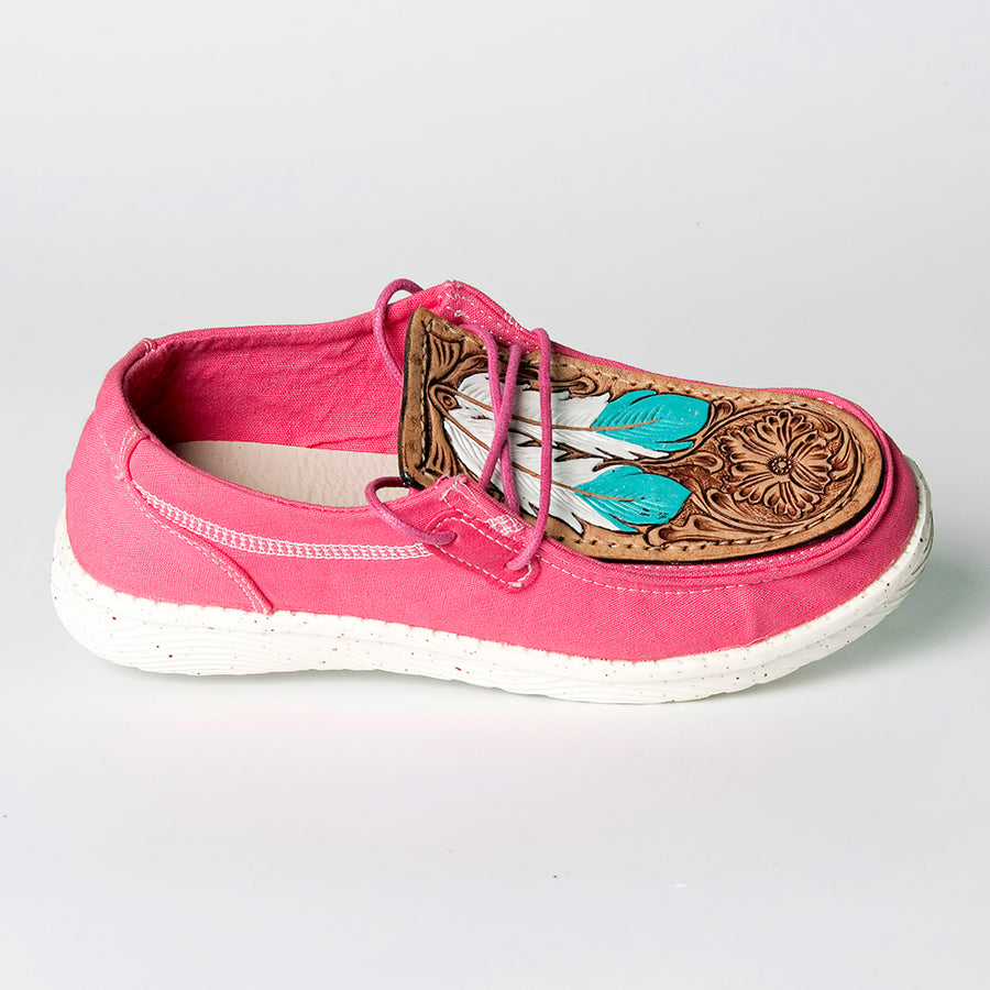 American Darling Hand tooled, carved genuine leather trim lightweight shoe footwear, slip on| Tooled Footwear