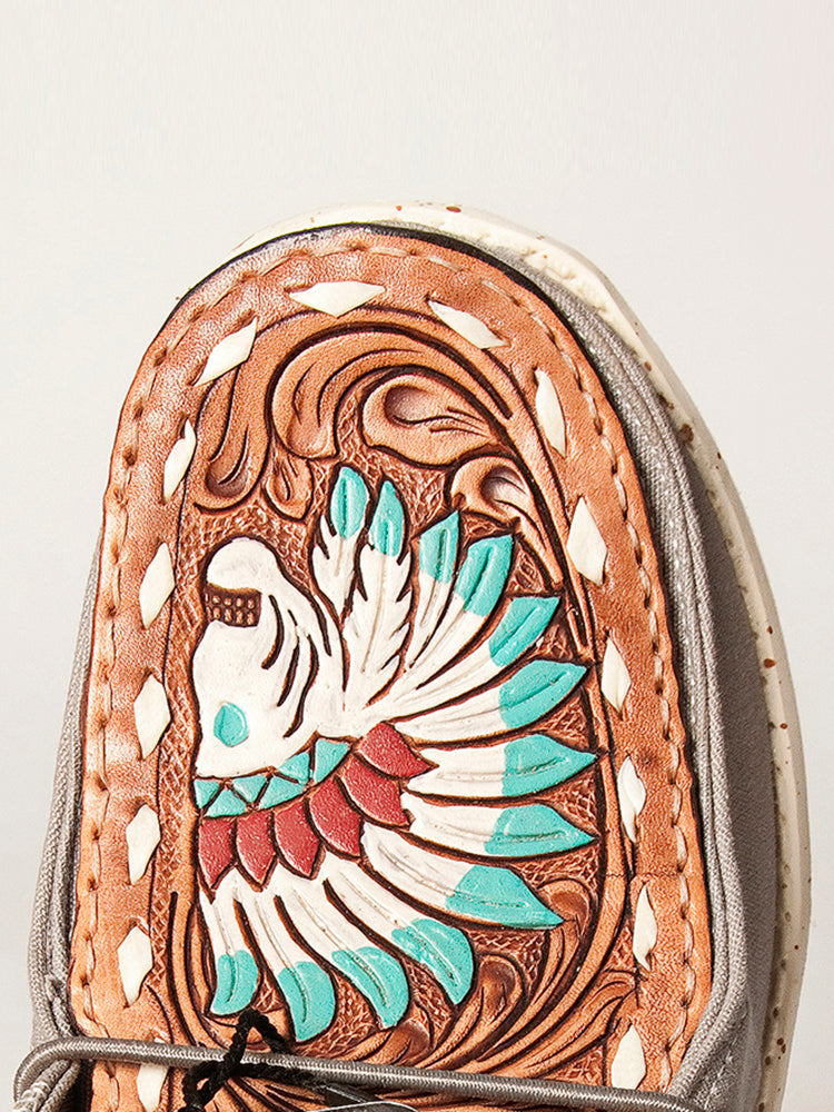 American Darling Hand tooled, carved genuine leather trim lightweight shoe footwear, slip on| Tooled Footwear