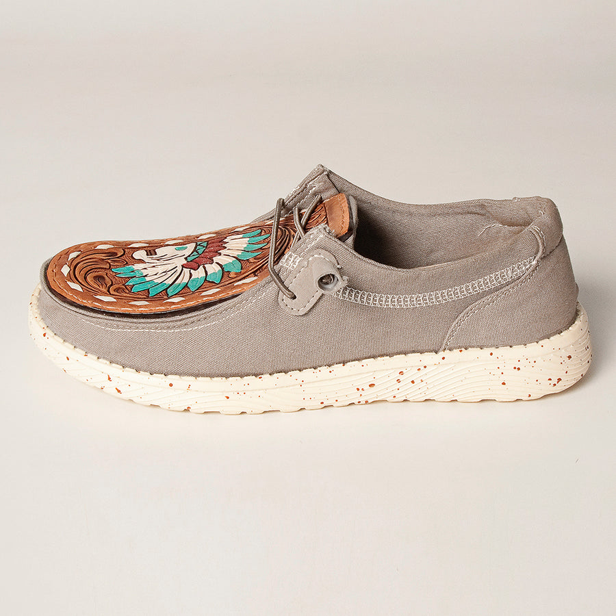 American Darling Hand tooled, carved genuine leather trim lightweight shoe footwear, slip on| Tooled Footwear