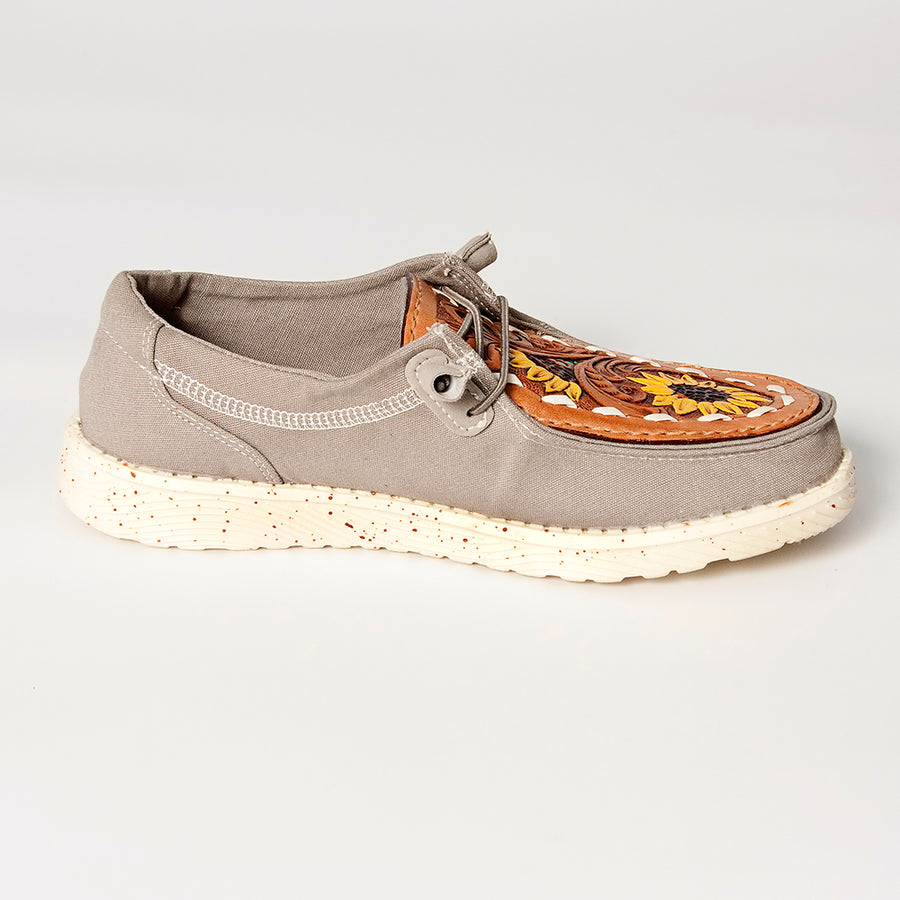 American Darling Hand tooled, carved genuine leather trim lightweight shoe footwear, slip on| Tooled Footwear