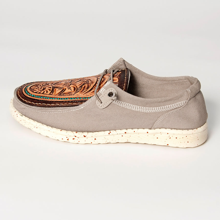 American Darling Hand tooled, carved genuine leather trim lightweight shoe footwear, slip on| Tooled Footwear