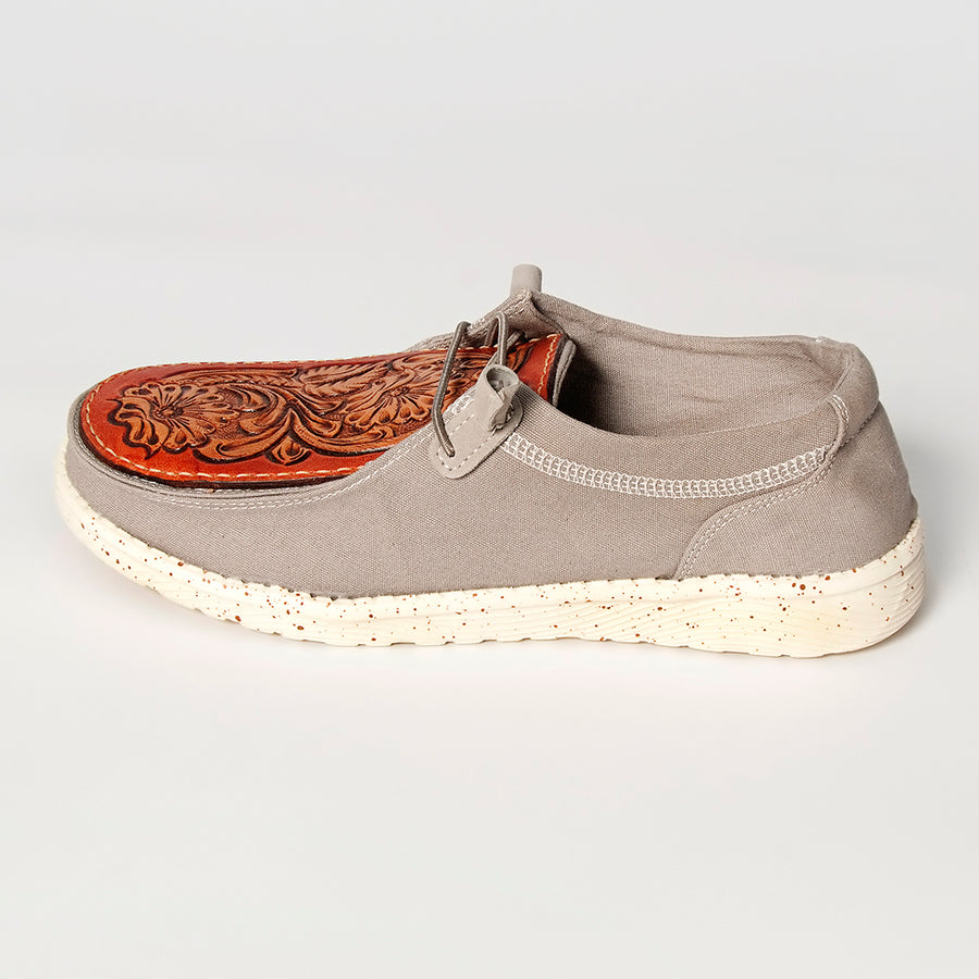 American Darling Hand tooled, carved genuine leather trim lightweight shoe footwear, slip on| Tooled Footwear
