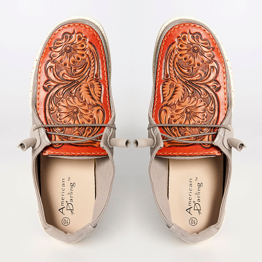 American Darling ADFT133GR11 Hand tooled carved genuine leather trim lightweight shoe footwear slip on - Uhorse