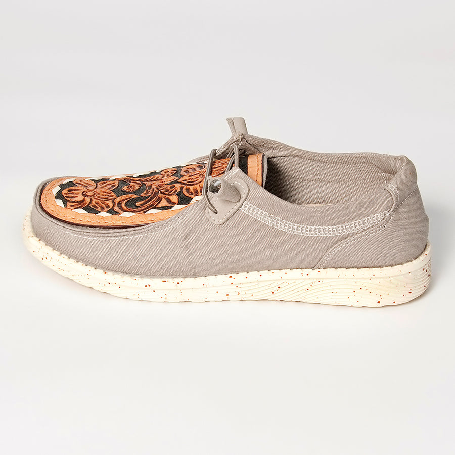 American Darling Hand tooled, carved genuine leather trim lightweight shoe footwear, slip on| Tooled Footwear