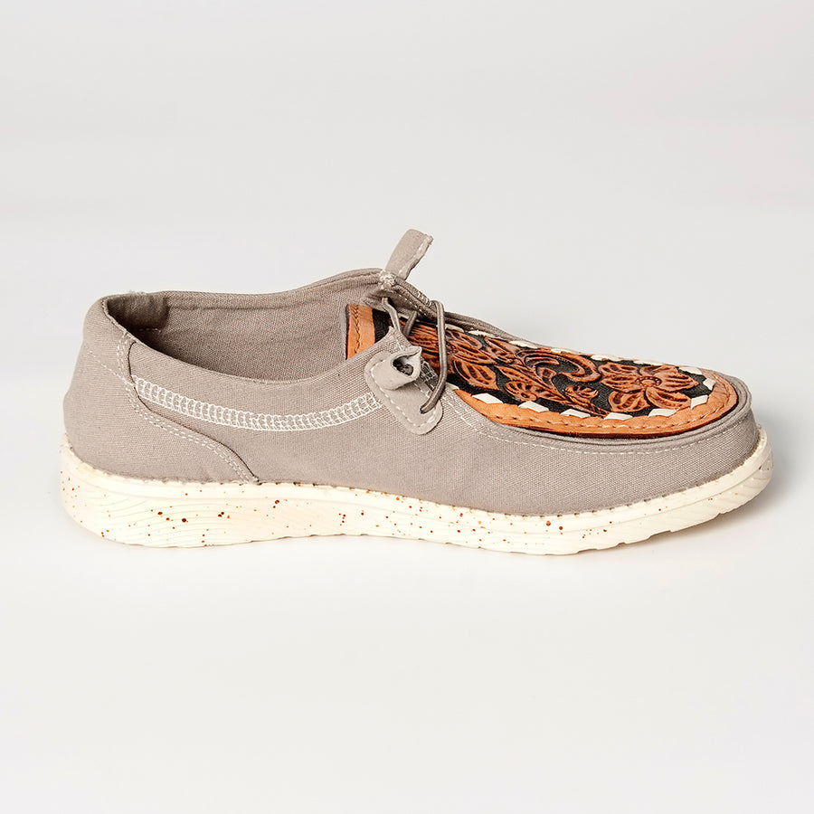 American Darling Hand tooled, carved genuine leather trim lightweight shoe footwear, slip on| Tooled Footwear