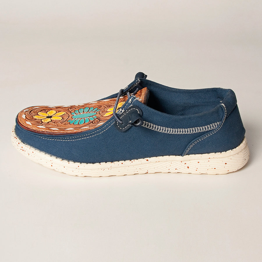 American Darling Hand tooled, carved genuine leather trim lightweight shoe footwear, slip on| Tooled Footwear