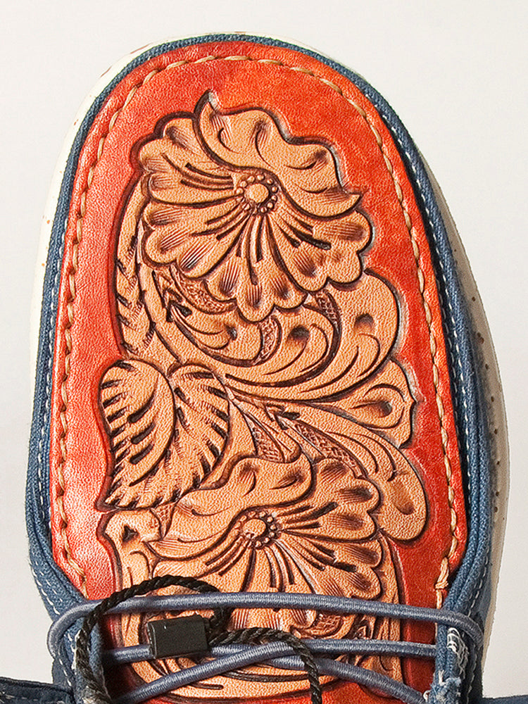 American Darling Hand tooled, carved genuine leather trim lightweight shoe footwear, slip on| Tooled Footwear