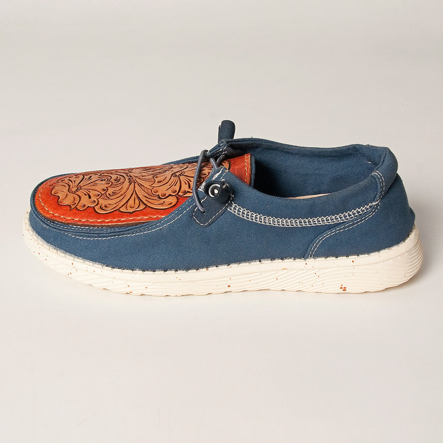 American Darling Hand tooled, carved genuine leather trim lightweight shoe footwear, slip on| Tooled Footwear