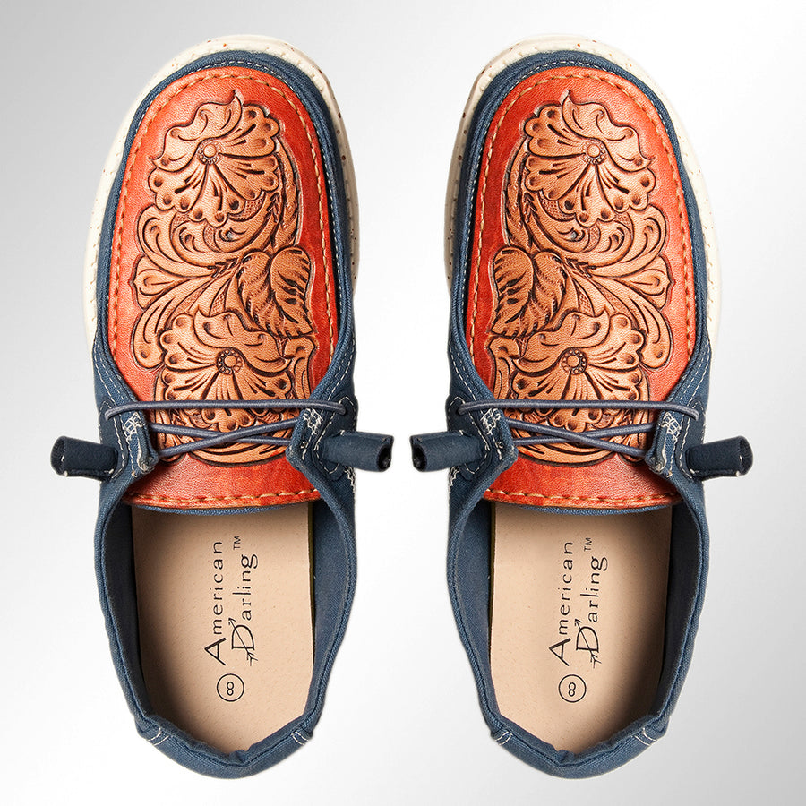 American Darling ADFT133NV11 Hand tooled carved genuine leather trim lightweight shoe footwear slip on - Uhorse
