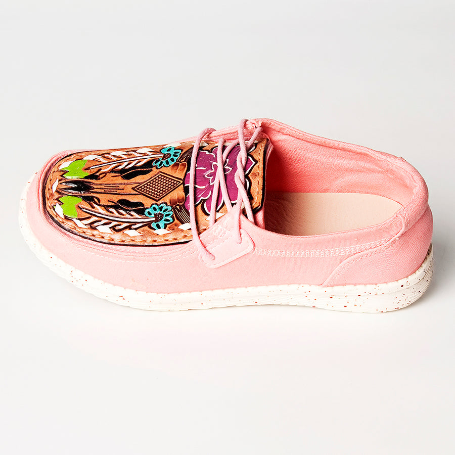 American Darling Hand tooled, carved genuine leather trim lightweight shoe footwear, slip on| Tooled Footwear