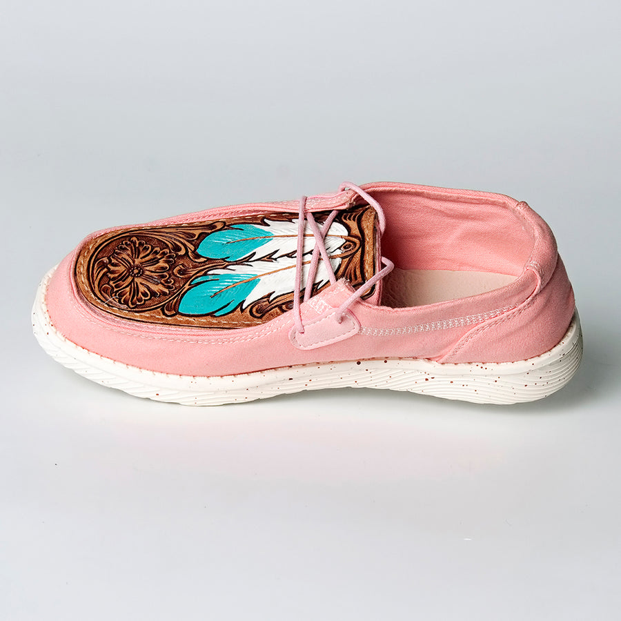 American Darling Hand tooled, carved genuine leather trim lightweight shoe footwear, slip on| Tooled Footwear