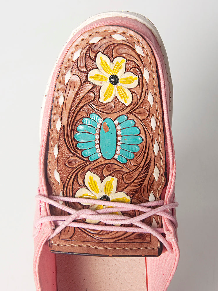 American Darling Hand tooled, carved genuine leather trim lightweight shoe footwear, slip on| Tooled Footwear