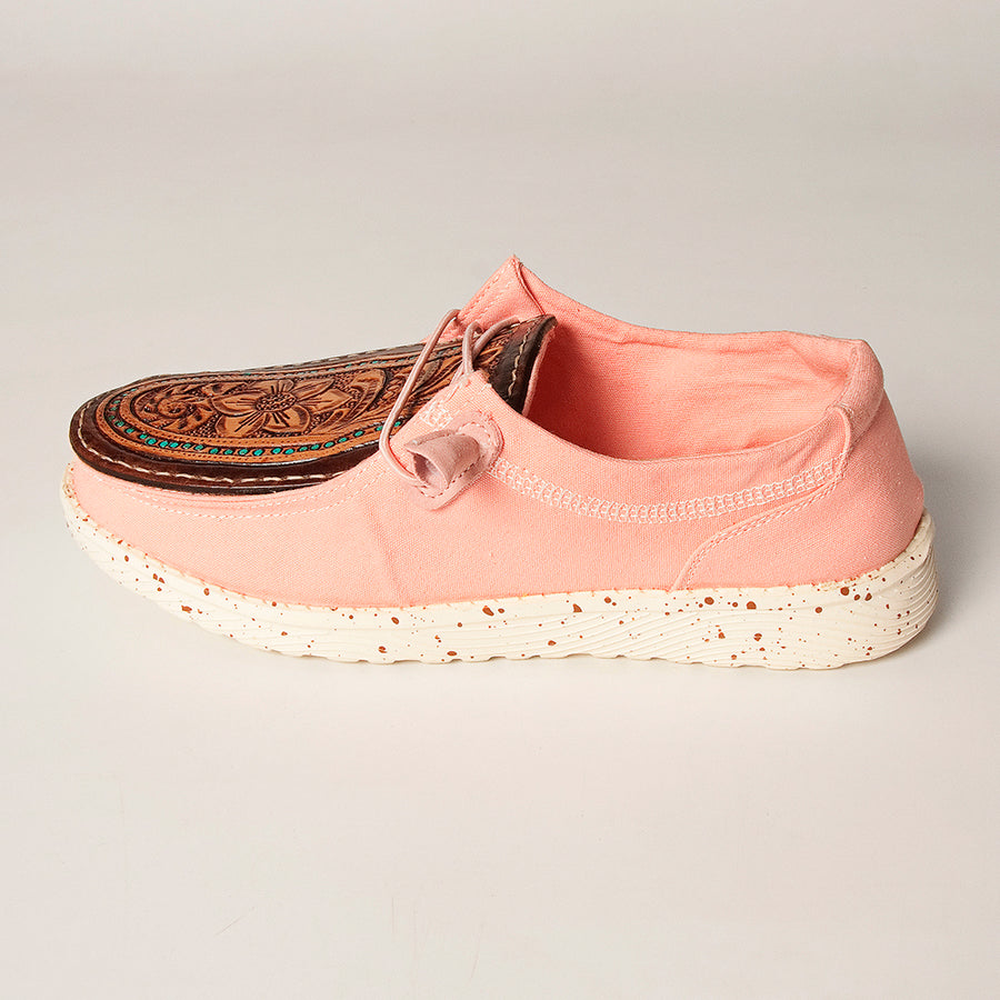 American Darling Hand tooled, carved genuine leather trim lightweight shoe footwear, slip on| Tooled Footwear