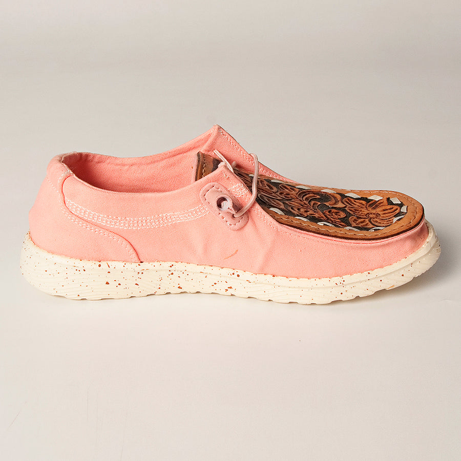 American Darling Hand tooled, carved genuine leather trim lightweight shoe footwear, slip on| Tooled Footwear