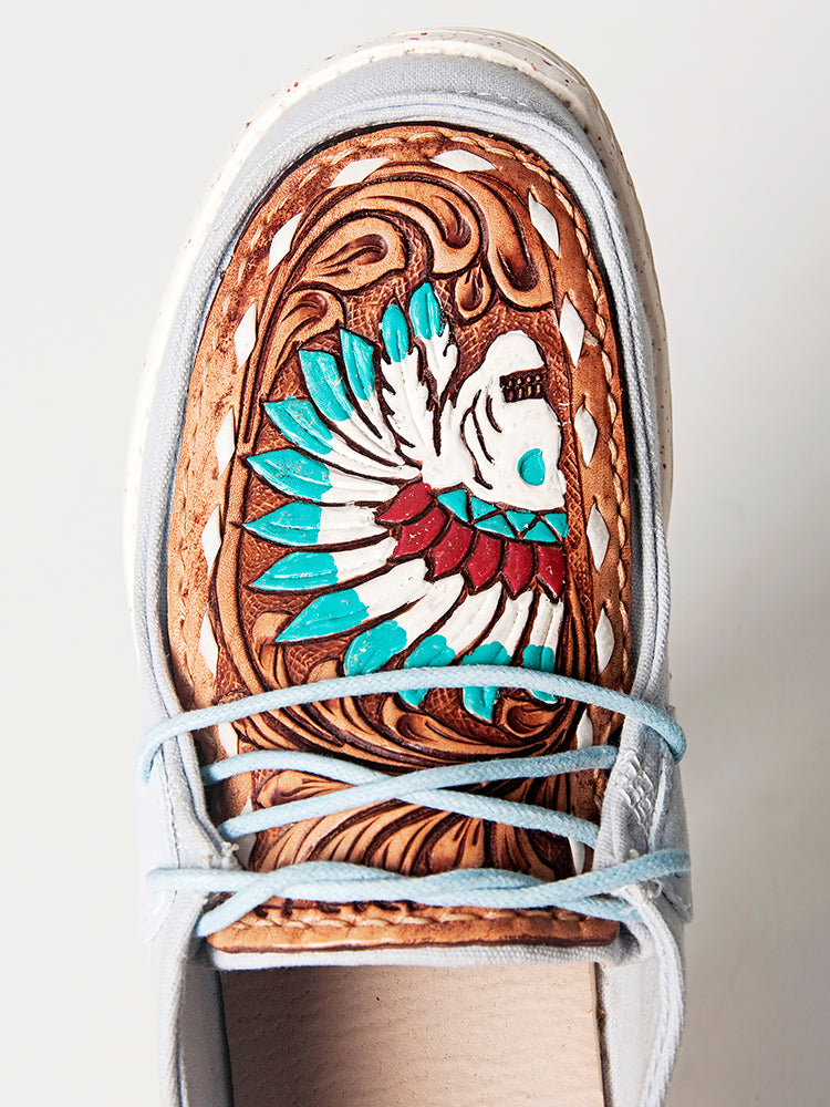 American Darling Hand tooled, carved genuine leather trim lightweight shoe footwear, slip on| Tooled Footwear