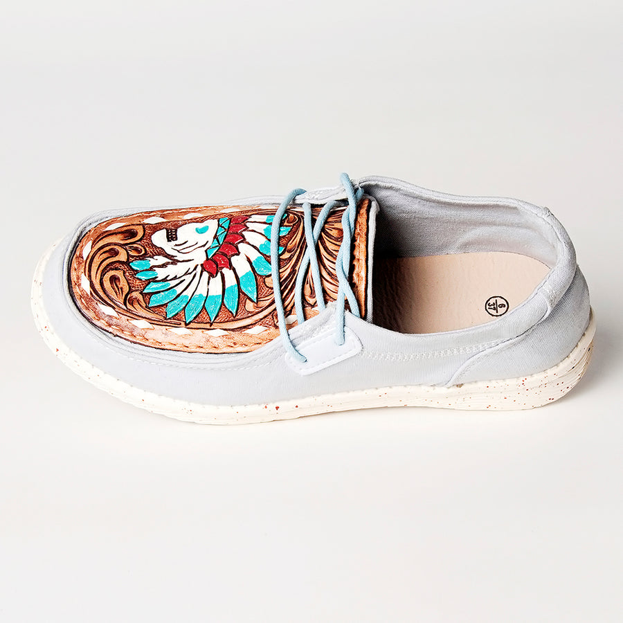 American Darling Hand tooled, carved genuine leather trim lightweight shoe footwear, slip on| Tooled Footwear