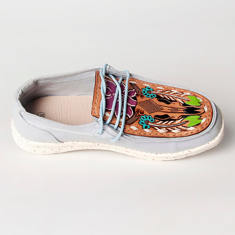 American Darling Hand tooled, carved genuine leather trim lightweight shoe footwear, slip on| Tooled Footwear