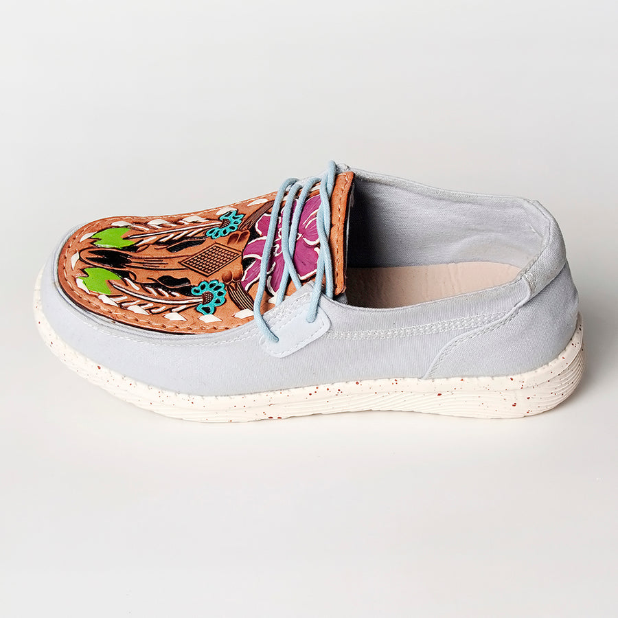 American Darling Hand tooled, carved genuine leather trim lightweight shoe footwear, slip on| Tooled Footwear